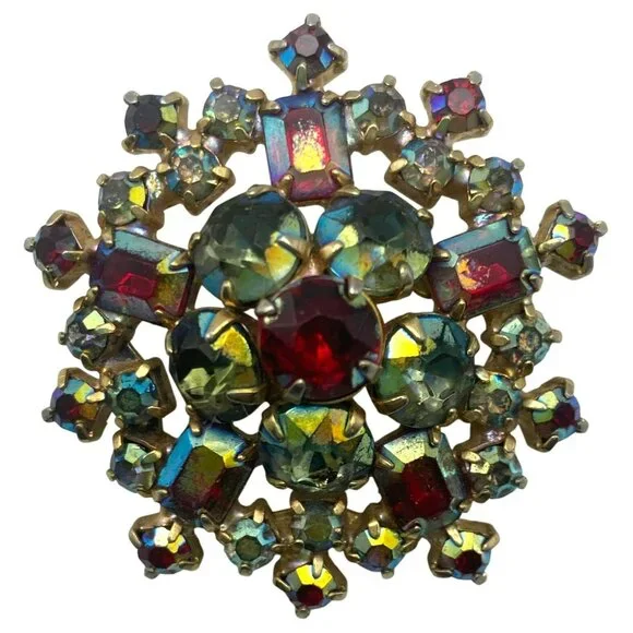 Vintage Aurora Borealis Brooch AB Red Blue Green Austrian MCM 1 3/4" GORGEOUS! - Picture 7 of 8